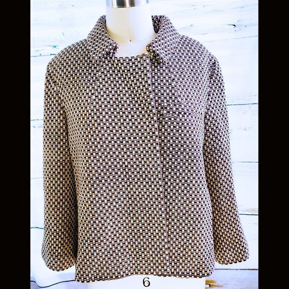 Talbots womens brown white checkered pattern wool office business jacket Size 16